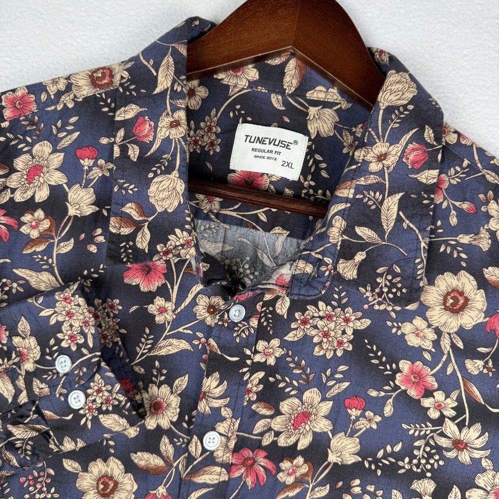 TUNEVUSE Button Up Shirt Mens 2XL Blue Floral Long Sleeve Cotton Regular Fit